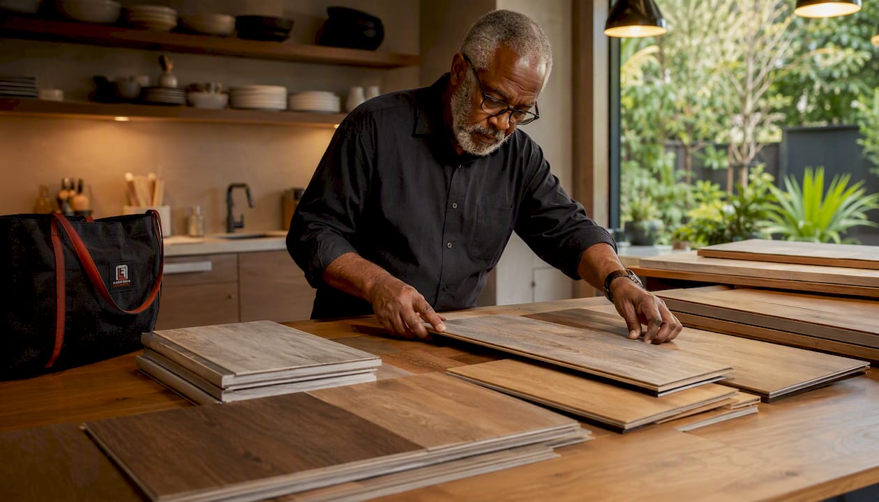Hands arranging flooring samples on table