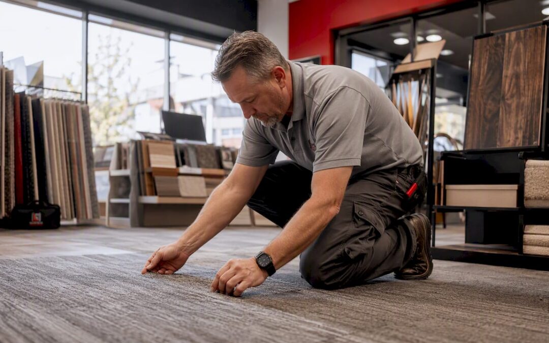 Carpet installer working inside Richmond VA store