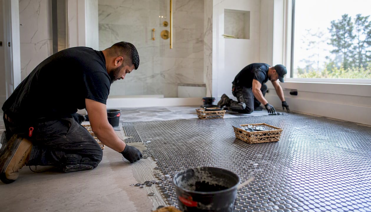 Close-up of textured glass floor tile installation