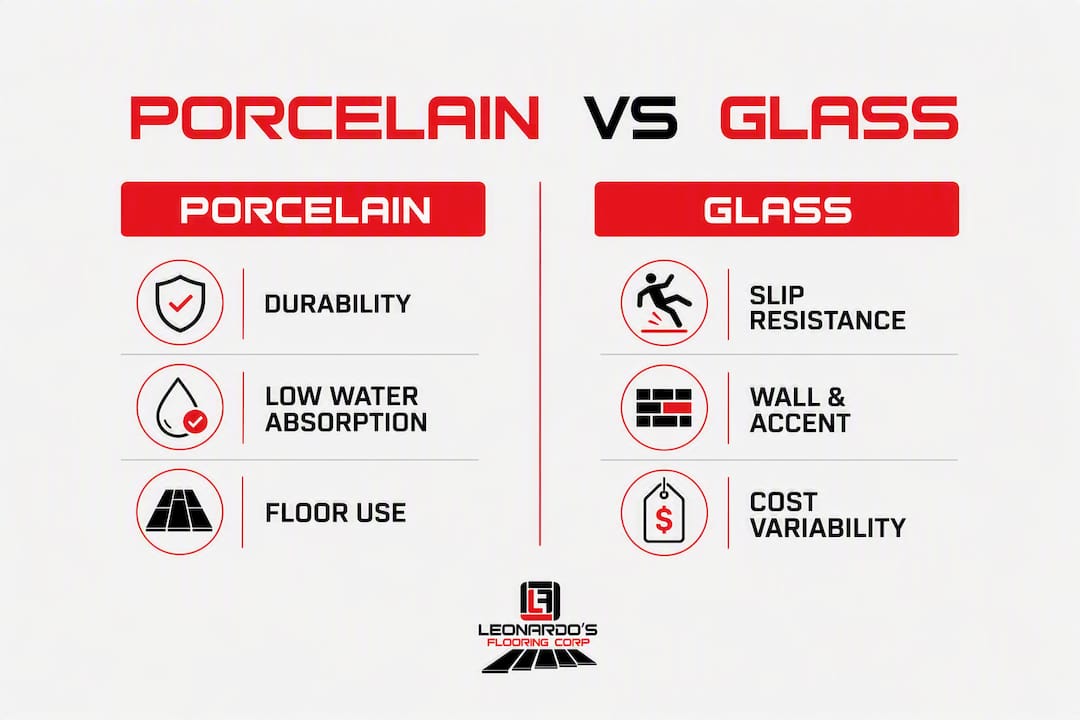 Infographic comparing porcelain and glass tile features