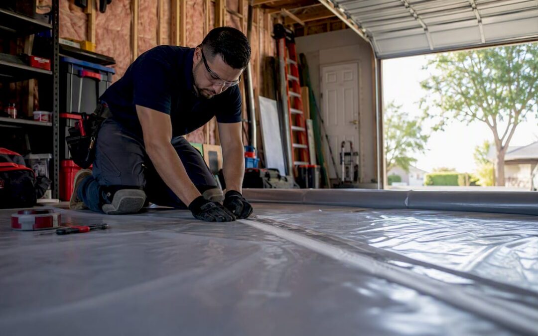 Installer laying moisture barrier in basement