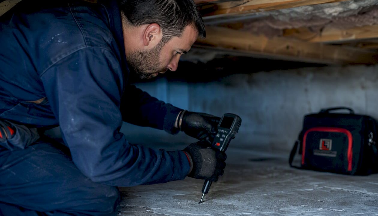Technician testing moisture in basement slab
