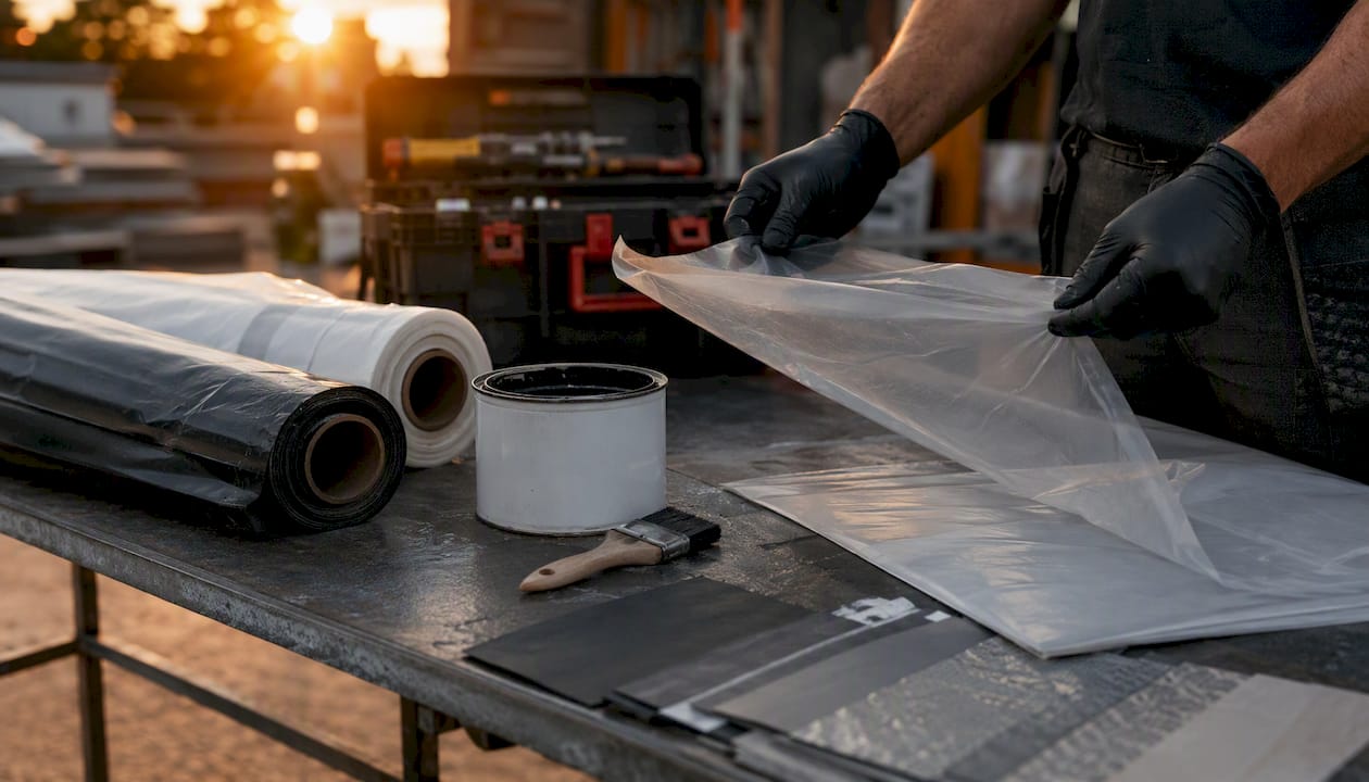 Close-up of moisture barrier materials on bench