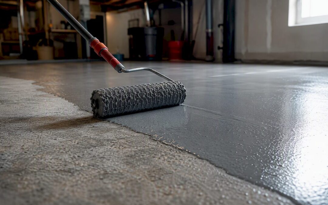 Close-up of epoxy roller spreading on concrete
