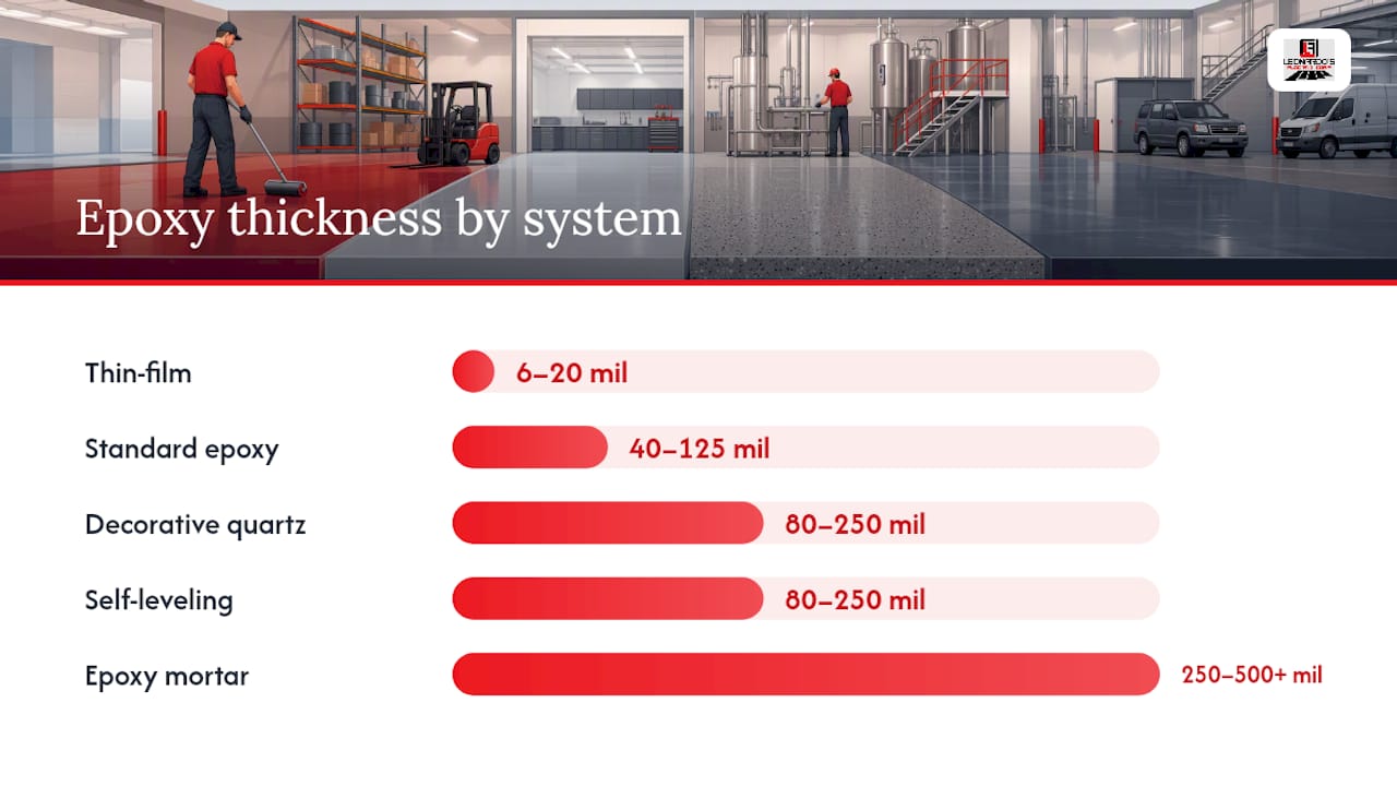 Epoxy floor thickness ranges by system