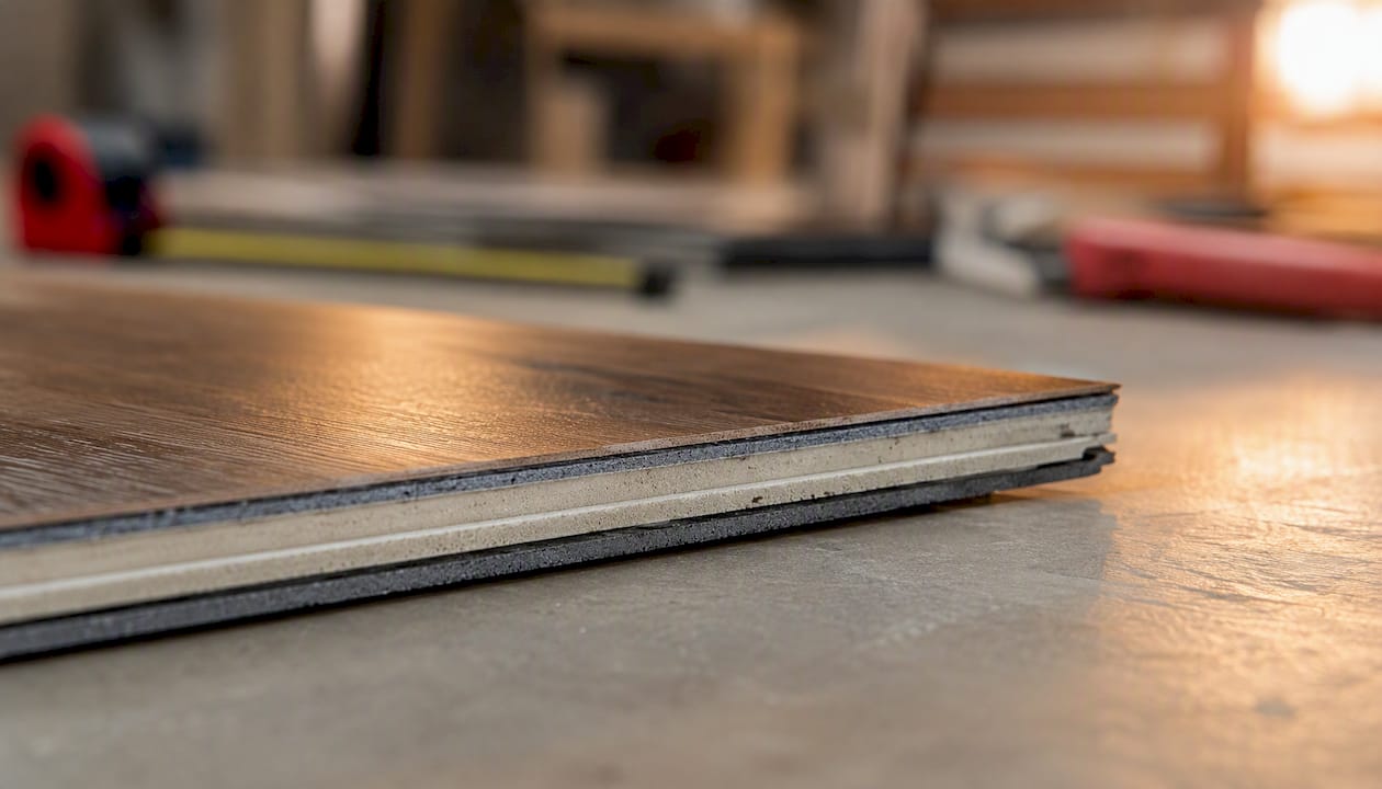 Cross-section of layered vinyl plank flooring