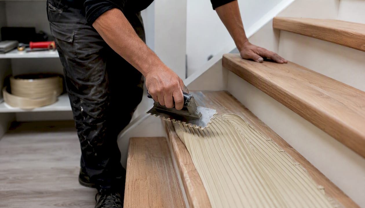 Hands applying adhesive on stair tread