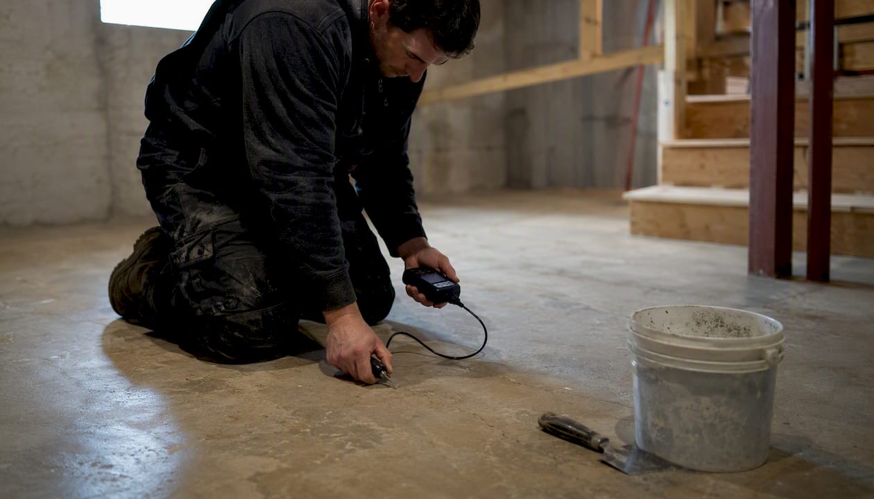 Hands testing moisture on basement concrete slab
