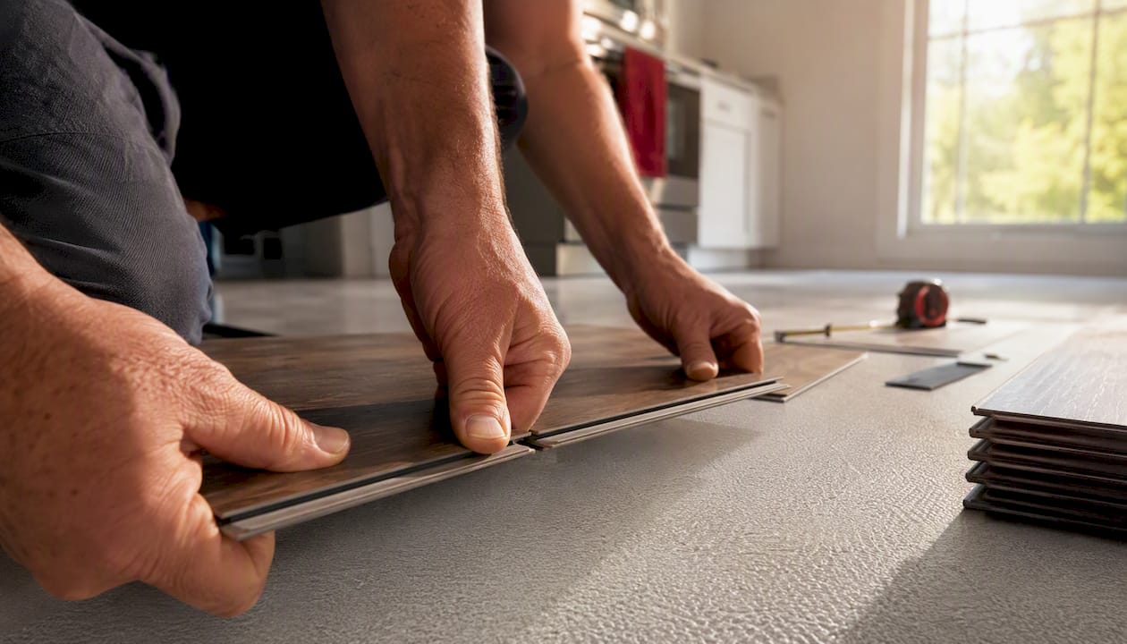 Hands locking vinyl planks in floating installation