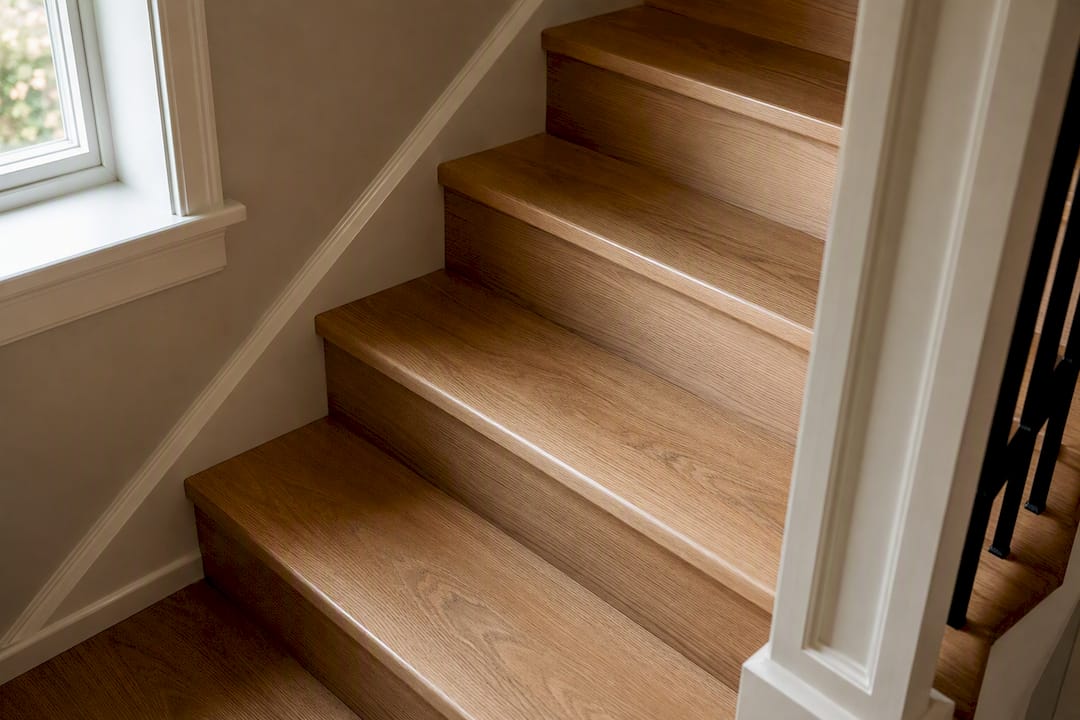 Finished white oak stair treads close-up
