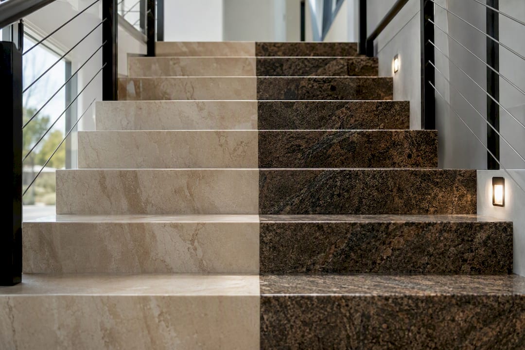 Porcelain and granite stair treads close-up