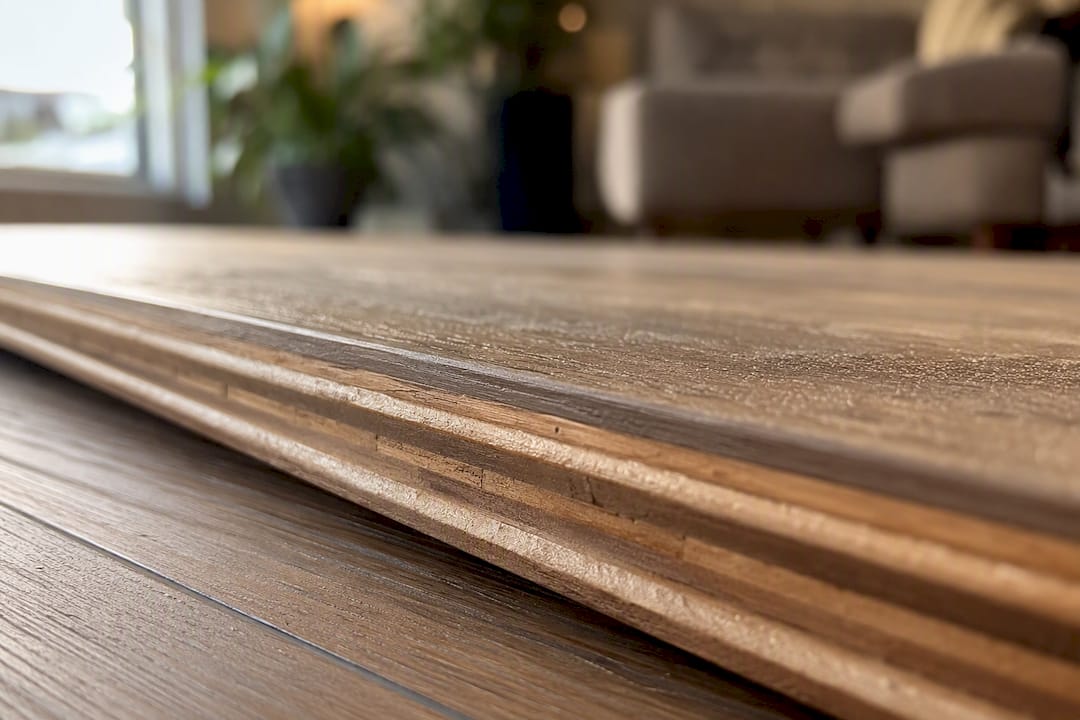 Close-up of engineered hardwood layers