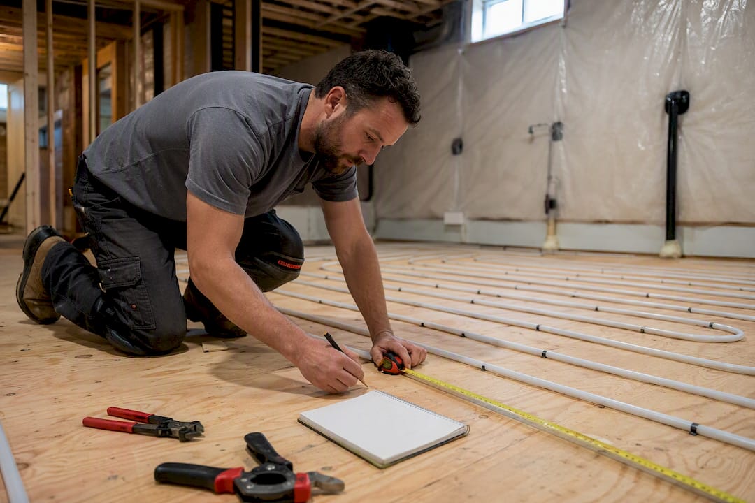 Hands measuring radiant heating tubing layout