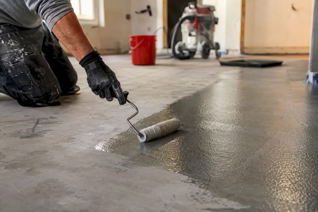 Technician applying moisture barrier on subfloor