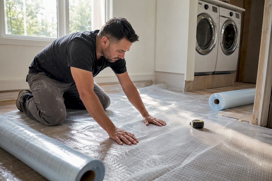 Installer spreading moisture barrier on subfloor