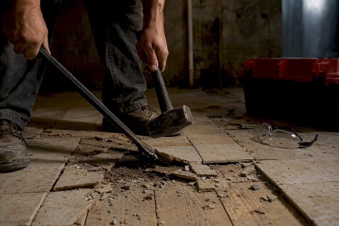 Hands removing old tile flooring with crowbar