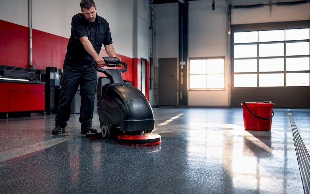Technician cleaning commercial epoxy floor