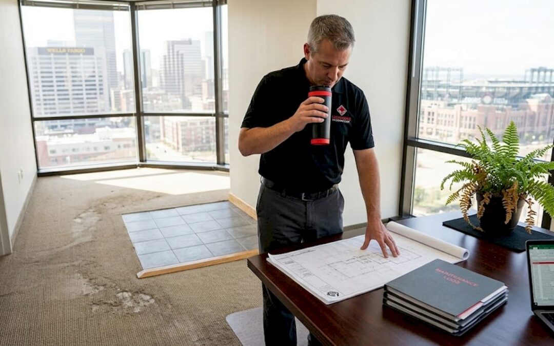 Property manager reviews blueprints in Denver office