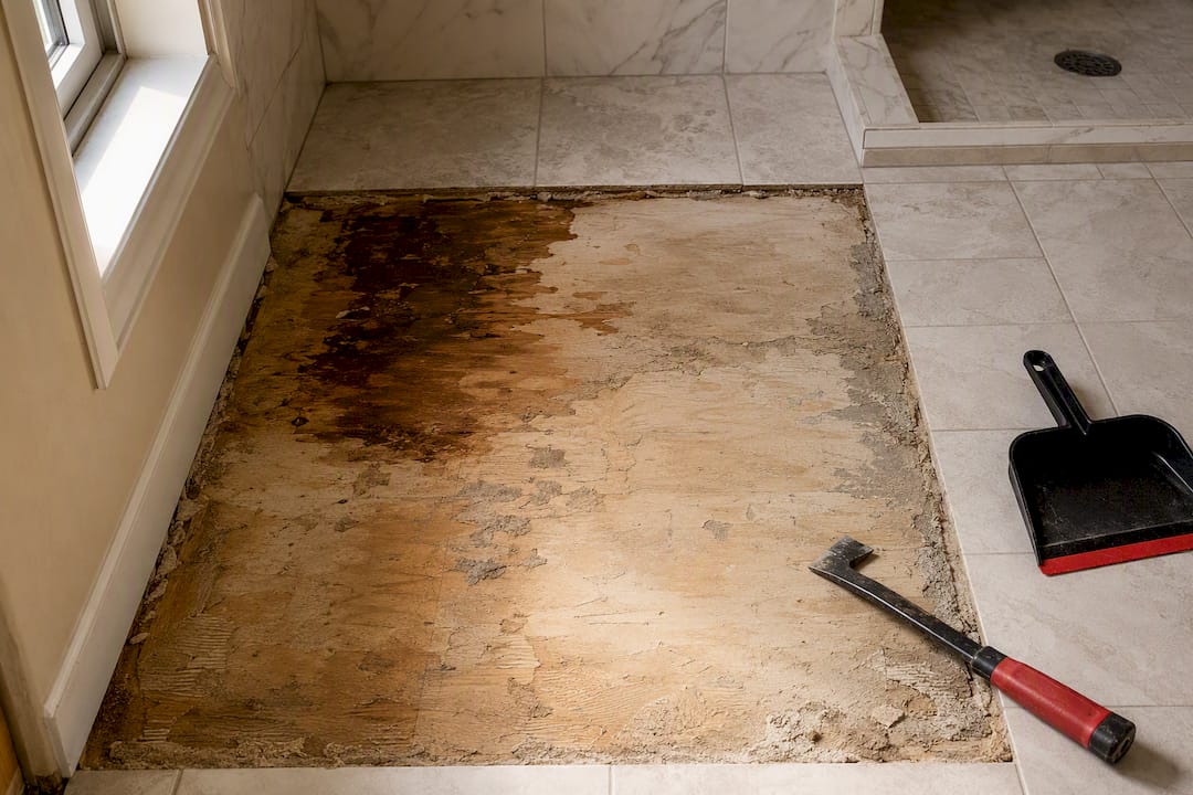 Exposed damaged subfloor after tile removal