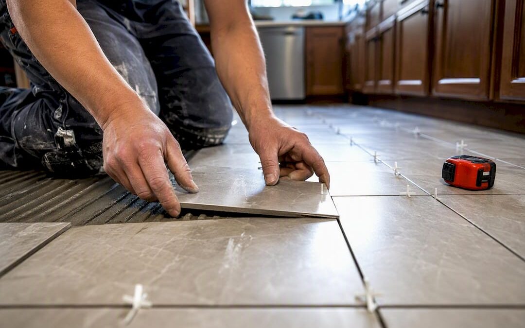 Tile installer aligning floor tiles during renovation