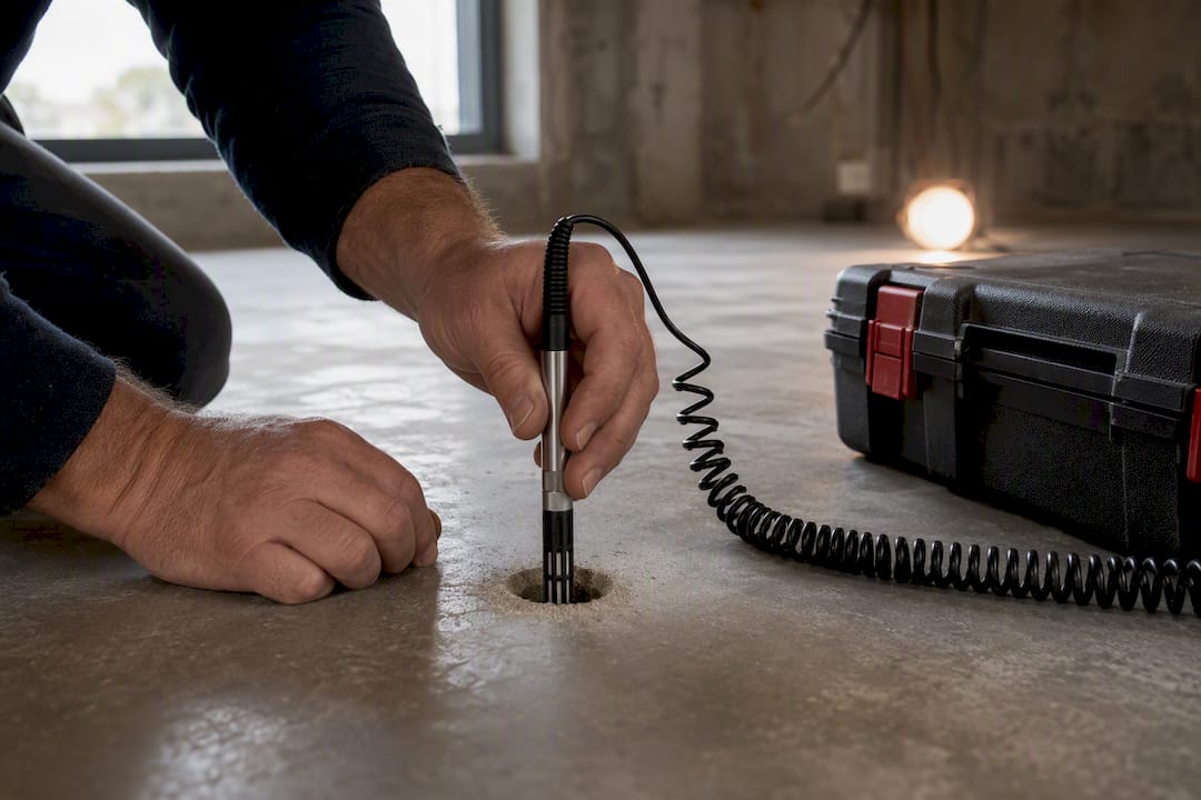 Relative humidity probe inserted into concrete slab