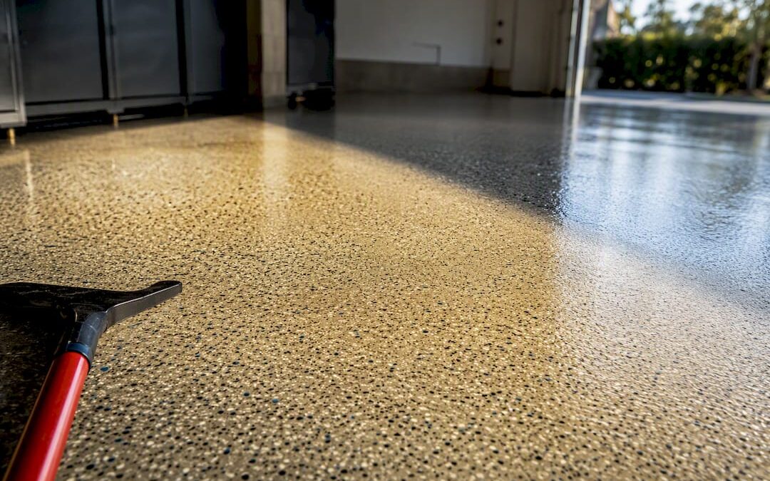 UV-yellowed epoxy floor in sunlight