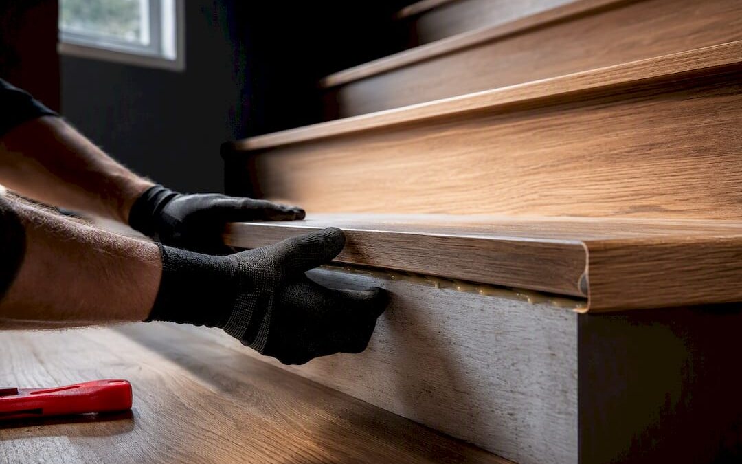 Installer fitting glued laminate stair nosing