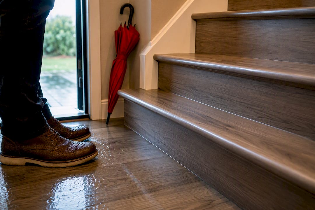 Wet shoes approaching bare laminate stairs