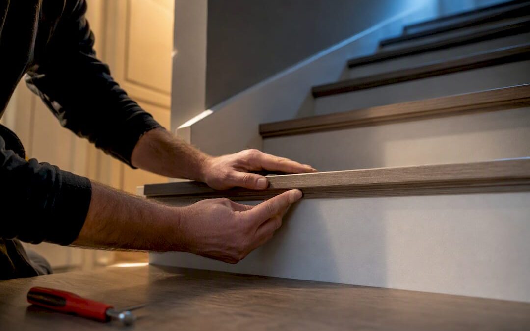 Contractor inspecting retrofit stair tread