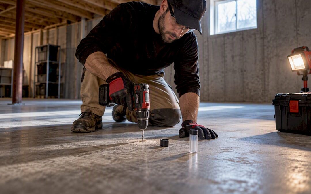 Technician testing moisture in basement slab