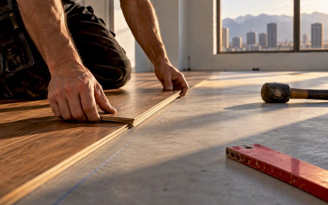 Installer positioning hardwood plank along starting line