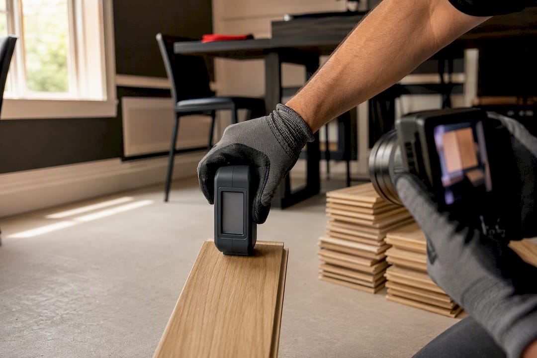 Installer documenting hardwood moisture reading
