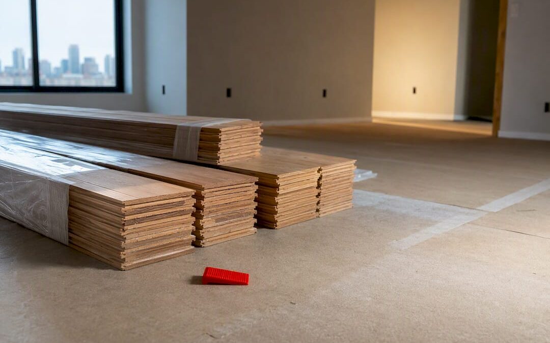 Hardwood planks acclimating inside renovation room