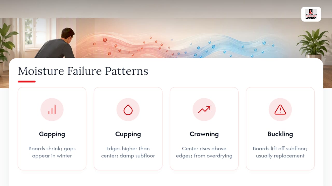 Four hardwood floor moisture failure patterns