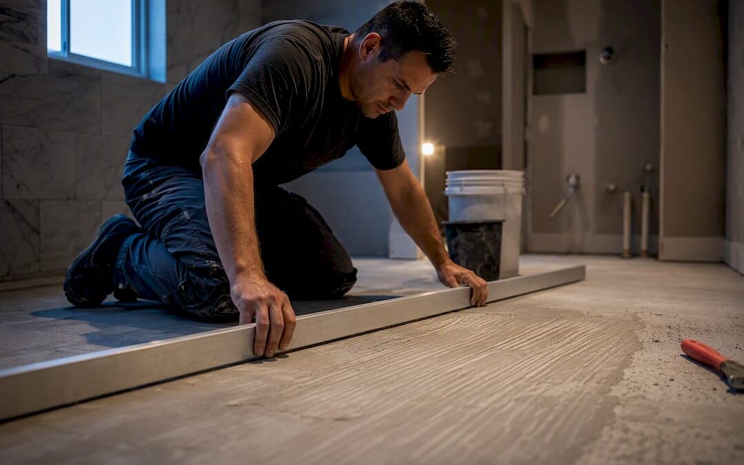 Installer checking bathroom subfloor flatness
