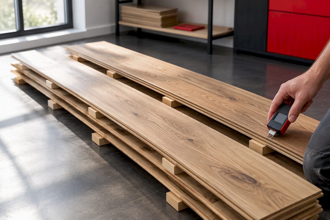 Unfinished flooring boards acclimating indoors