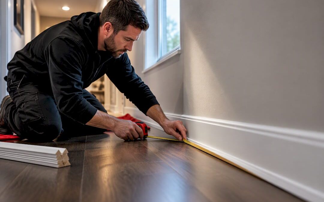 Installer measuring quarter round along hallway baseboard