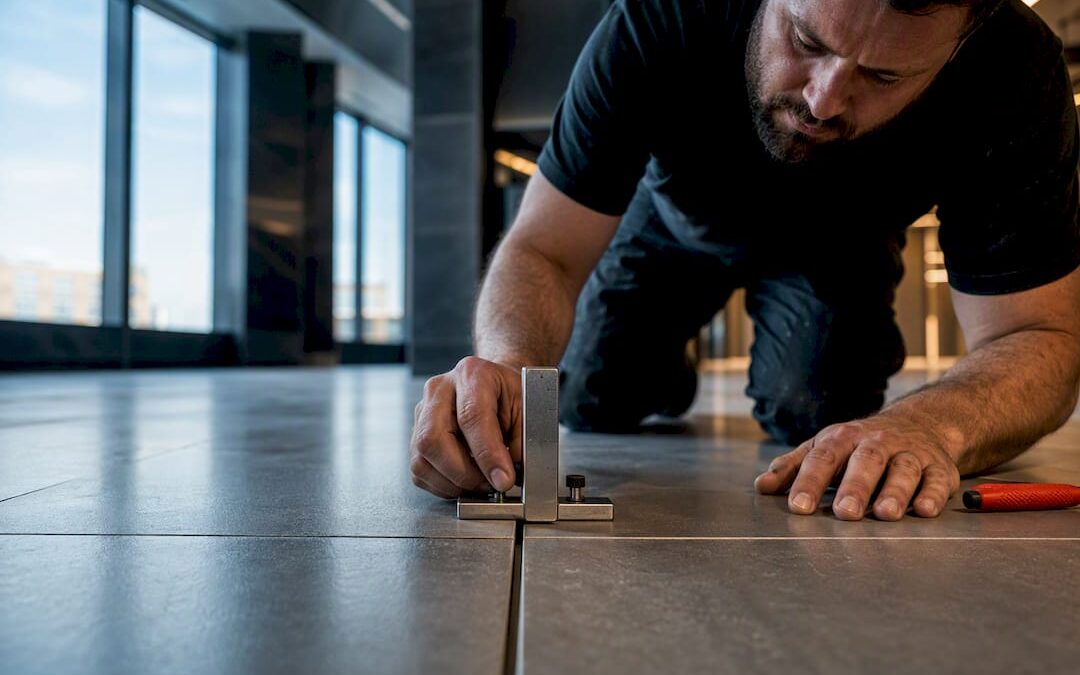 Installer measuring tile lippage between adjacent tiles