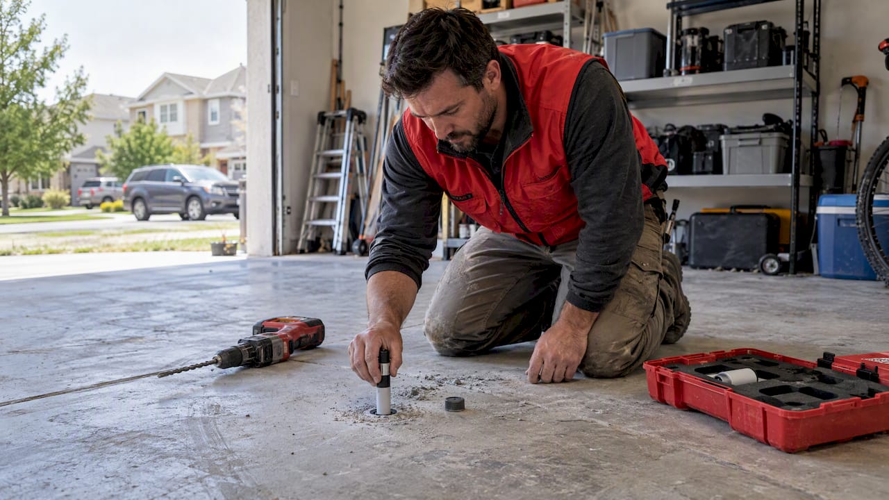 Contractor testing moisture in concrete slab