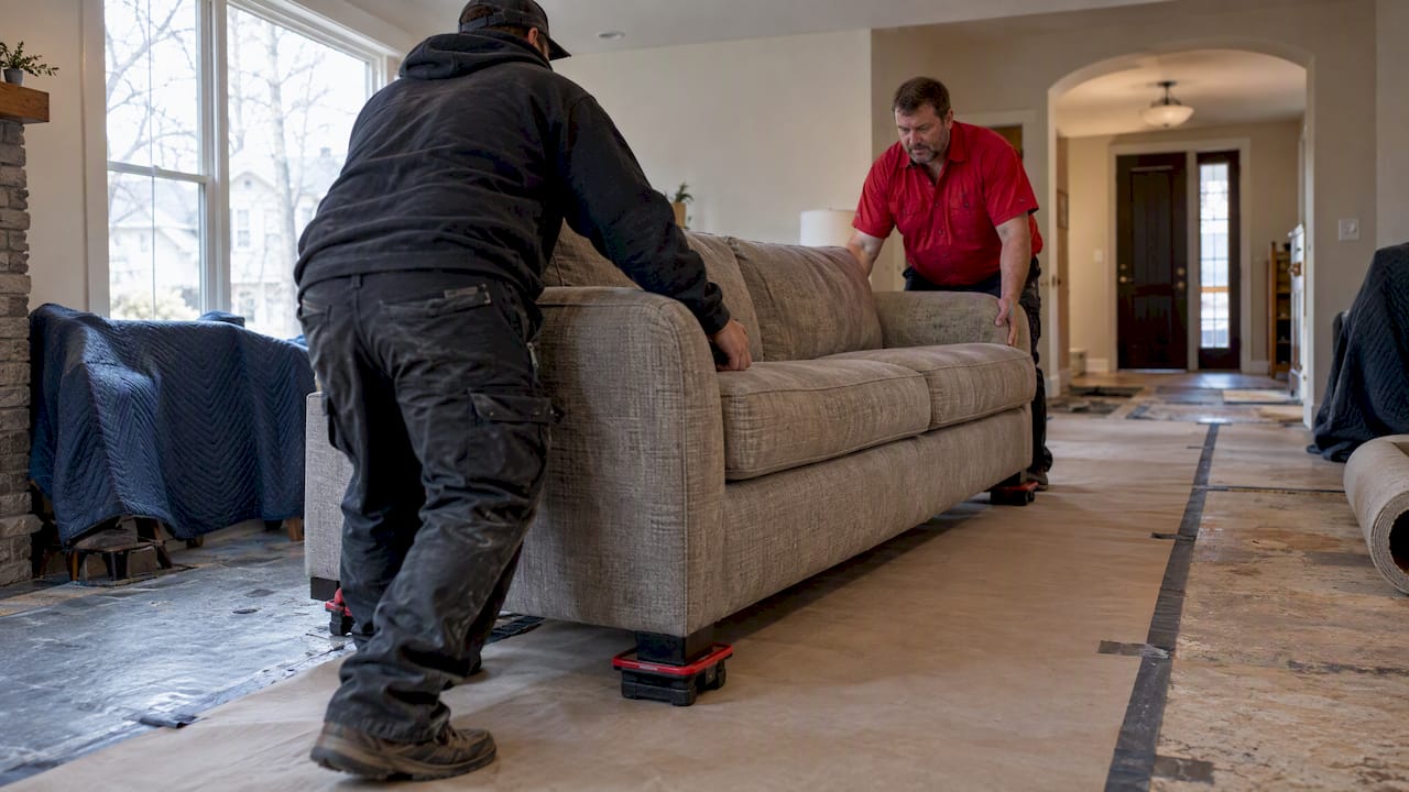 Installers moving protected sofa during flooring work