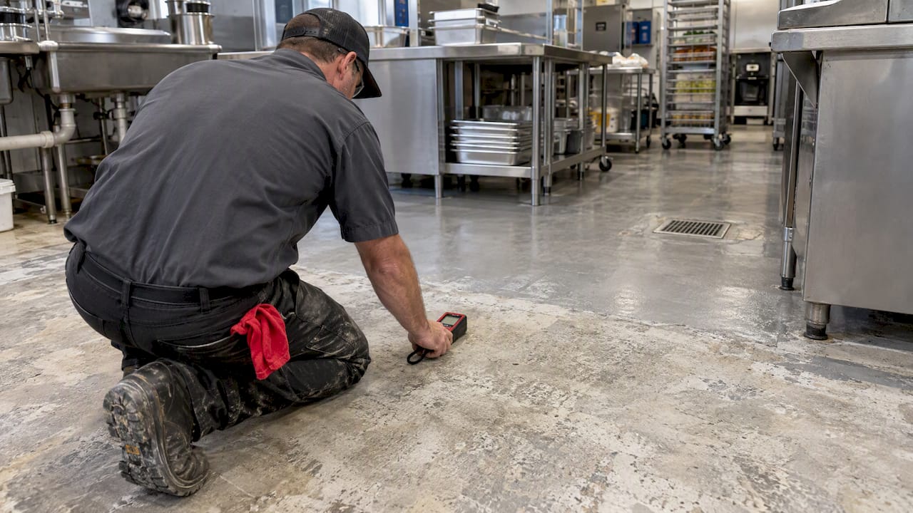 Contractor testing commercial kitchen concrete floor