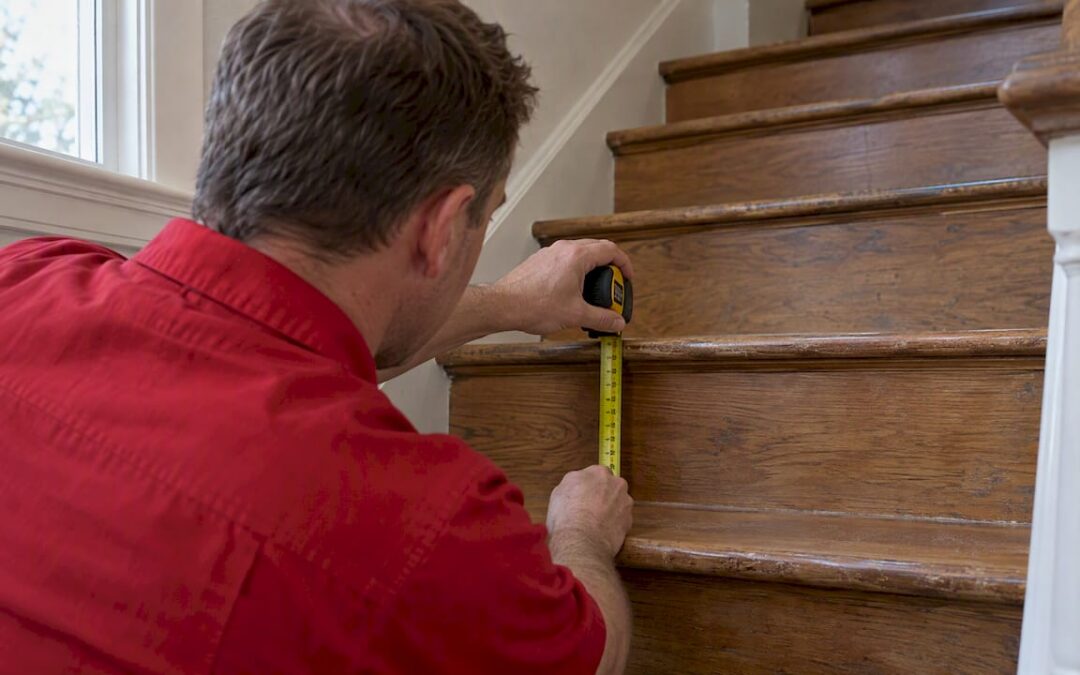Homeowner measuring rise on hardwood stairs