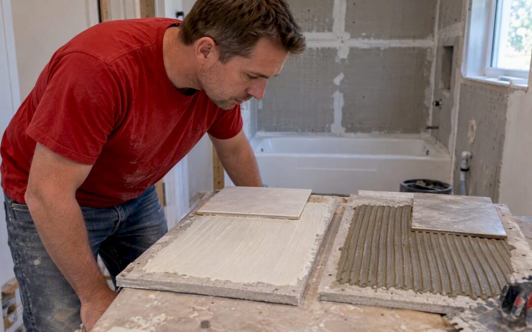 Mastic and thinset samples beside tile