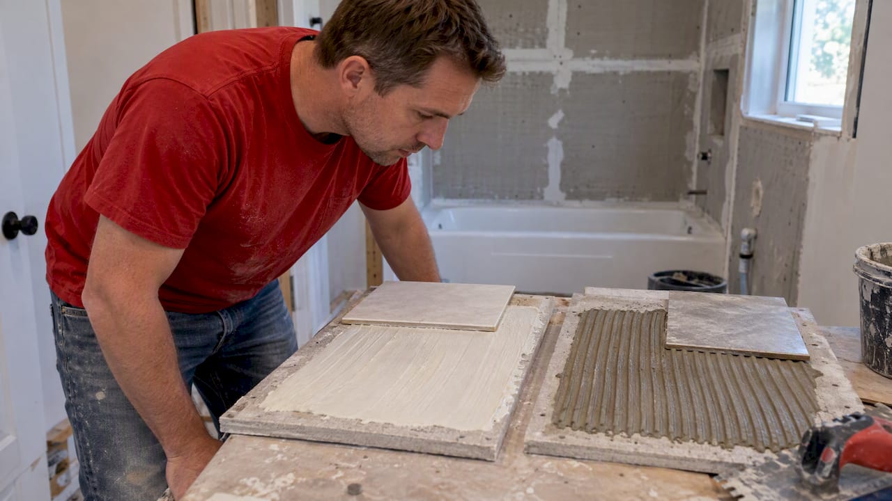Mastic and thinset samples beside tile