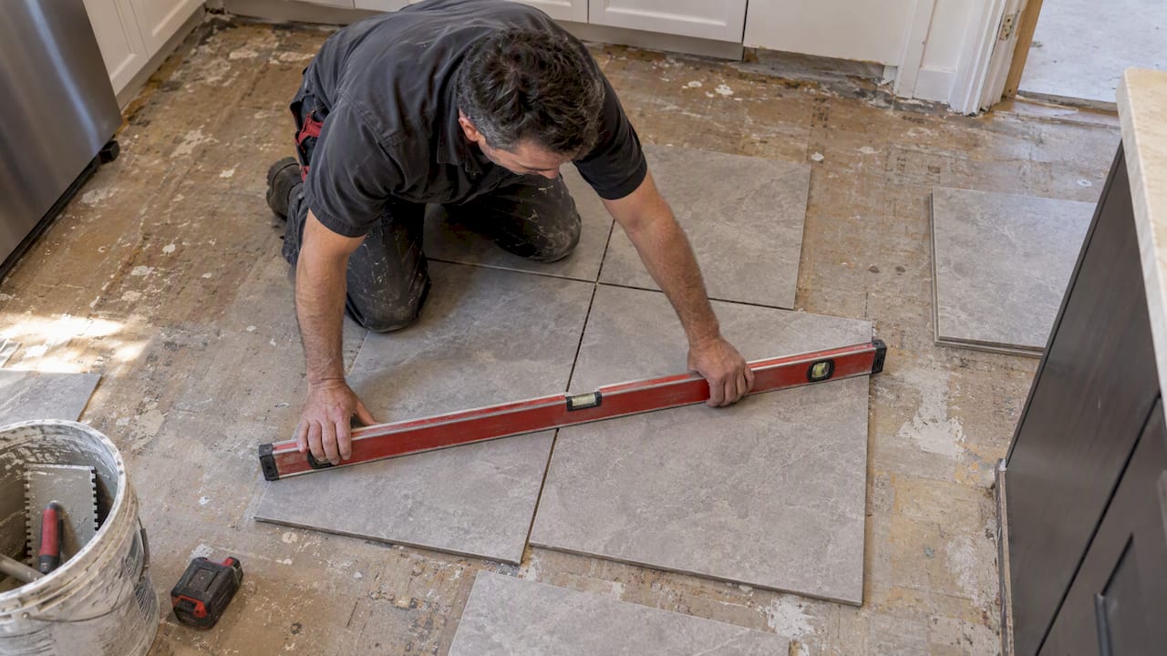Loose tiles and level checking kitchen floor flatness