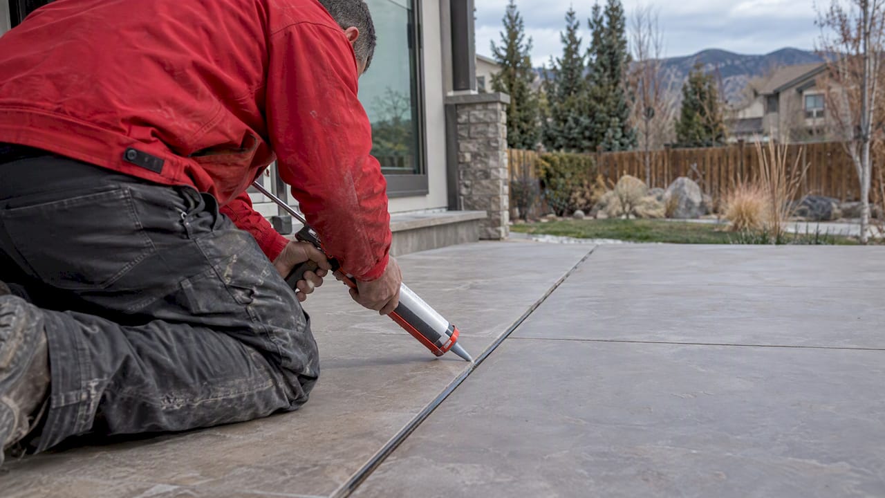 Installer sealing a joint between outdoor tiles