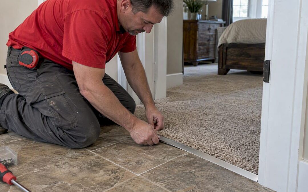 Installer fitting tile to carpet transition trim