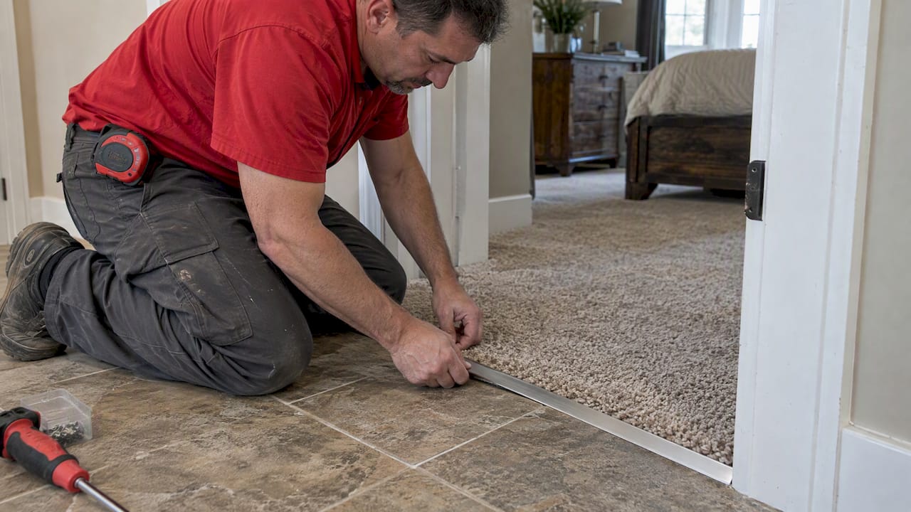 Installer fitting tile to carpet transition trim