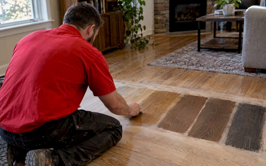 Technician comparing stain samples on hardwood