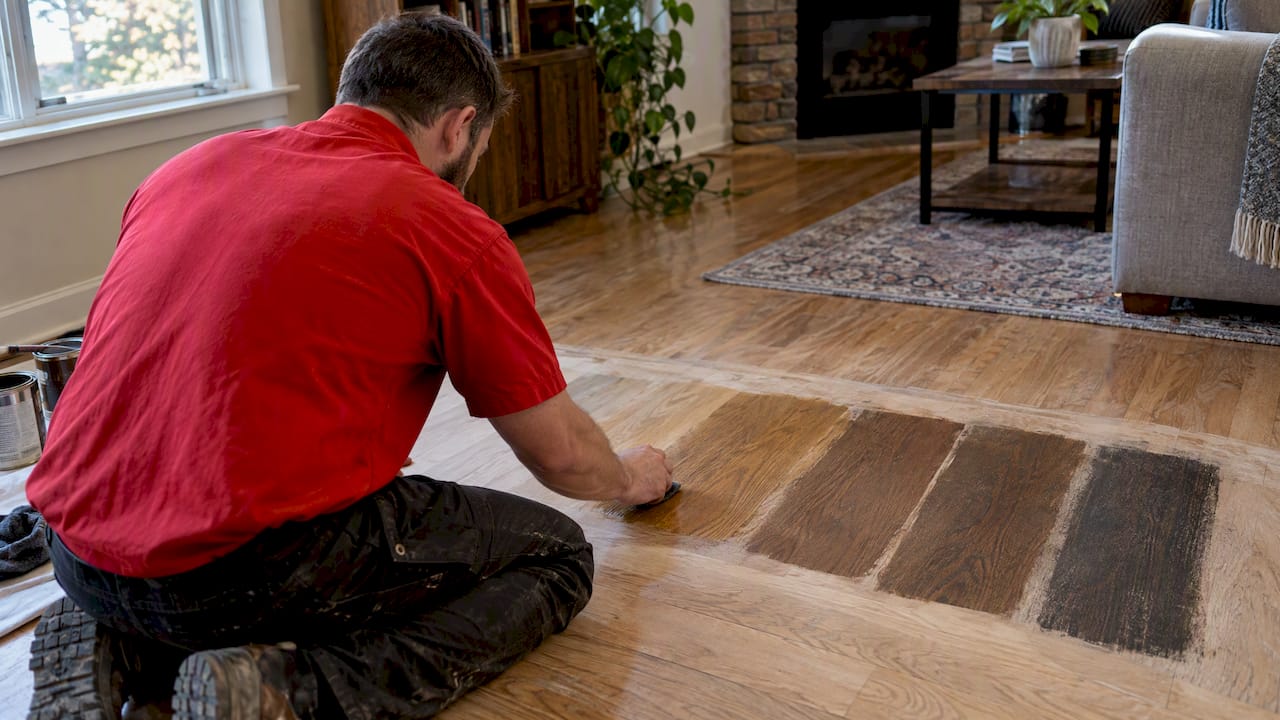 Technician comparing stain samples on hardwood